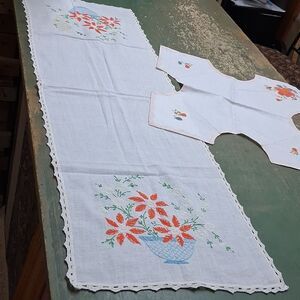 Beautiful wild flower bouquet embroidered on tatted lace  runner & Unique Floral